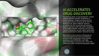 101
AI ACCELERATES
DRUG DISCOVERY
The discovery phase of drug development involves
exploring different possible combinations of
protein molecules (targets) and drug chemical
compounds to ensure the drug will do what it’s
designed to do. Classic Molecular Dynamics
simulations are time-consuming and expensive.
Machine Learning models help predict probability
of the target molecules interacting with the drug
chemical compounds, but still require significantly
greater performance to deliver improved accuracy.
Researchers at the University of Pittsburgh are
improving model performance and prediction
accuracy. Their convolutional neural network,
accelerated with NVIDIA GPU’s and CUDA,
improved prediction accuracy from ~52% to 70%
compared to other machine learning-based models.
 