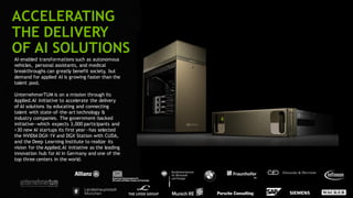 103
AI-enabled transformations such as autonomous
vehicles, personal assistants, and medical
breakthroughs can greatly benefit society, but
demand for applied AI is growing faster than the
talent pool.
UnternehmerTUM is on a mission through its
Applied.AI Initiative to accelerate the delivery
of AI solutions by educating and connecting
talent with state-of-the-art technology &
industry companies. The government-backed
initiative—which expects 3,000 participants and
>30 new AI startups its first year—has selected
the NVIDIA DGX-1V and DGX Station with CUDA,
and the Deep Learning Institute to realize its
vision for the Applied.AI Initiative as the leading
innovation hub for AI in Germany and one of the
top three centers in the world.
ACCELERATING
THE DELIVERY
OF AI SOLUTIONS
 
