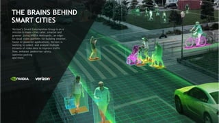 106
THE BRAINS BEHIND
SMART CITIES
Verizon’s Smart Communities Group is on a
mission to make cities safer, smarter and
greener. Using NVIDIA Metropolis, an edge-
to-cloud video platform for building smarter,
faster AI-powered applications, Verizon is
working to collect and analyze multiple
streams of video data to improve traffic
flow, enhance pedestrian safety,
optimize parking
and more.
 