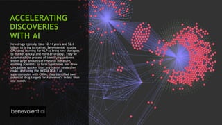 13
ACCELERATING
DISCOVERIES
WITH AI
New drugs typically take 12-14 years and $2.6
billion to bring to market. BenevolentAI is using
GPU deep learning for NLP to bring new therapies
to market quickly and more affordably. They’ve
automated the process of identifying patterns
within large amounts of research literature,
enabling scientists to form hypotheses and draw
conclusions quicker than any human researcher
could. And using the NVIDIA DGX-1 AI
supercomputer with CUDA, they identified two
potential drug targets for Alzheimer’s in less than
one month.
 