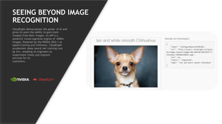 21
SEEING BEYOND IMAGE
RECOGNITION
CloudSight democratizes the power of AI and
gives its users the ability to gain more
insights from their images. Its API is a
powerful visual cognition engine of >600m
images. Powered by the NVIDIA DGX-1 to
speed training and inference. CloudSight
accelerates deep neural net training runs
by 61x—enabling its engineers to
experiment freely and improve
services for its
customers.
 
