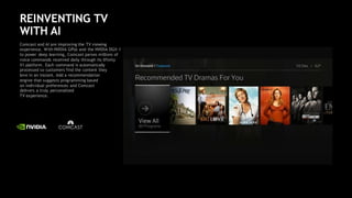 23
REINVENTING TV
WITH AI
Comcast and AI are improving the TV viewing
experience. With NVIDIA GPUs and the NVIDIA DGX-1
to power deep learning, Comcast parses millions of
voice commands received daily through its Xfinity
X1 platform. Each command is automatically
processed so customers find the content they
love in an instant. Add a recommendation
engine that suggests programming based
on individual preferences and Comcast
delivers a truly personalized
TV experience.
 
