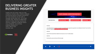 28
DELIVERING GREATER
BUSINESS INSIGHTS
Insights from call center audio can help
companies increase sales, enhance employee
training and improve customer satisfaction,
but most companies are only able to
manually harness data from ~2% of their
recorded calls. Powered by NVIDIA DGX
Systems for deep learning training and
inference, Deepgram recognizes speech
more completely and precisely,
enabling companies to
utilize 100% of their
recorded calls.
 