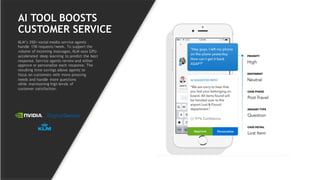 29
AI TOOL BOOSTS
CUSTOMER SERVICE
KLM’s 350+ social media service agents
handle 15K requests/week. To support the
volume of incoming messages, KLM uses GPU-
accelerated deep learning to predict the best
response. Service agents review and either
approve or personalize each response. The
resulting time savings allows agents to
focus on customers with more pressing
needs and handle more questions
while maintaining high levels of
customer satisfaction.
 