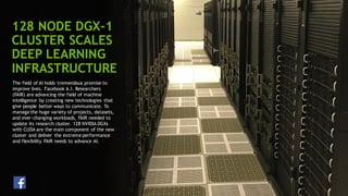 30
The field of AI holds tremendous promise to
improve lives. Facebook A.I. Researchers
(FAIR) are advancing the field of machine
intelligence by creating new technologies that
give people better ways to communicate. To
manage the huge variety of projects, datasets,
and ever-changing workloads, FAIR needed to
update its research cluster. 128 NVIDIA DGXs
with CUDA are the main component of the new
cluster and deliver the extreme performance
and flexibility FAIR needs to advance AI.
128 NODE DGX-1
CLUSTER SCALES
DEEP LEARNING
INFRASTRUCTURE
 