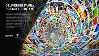 44
DELIVERING FAMILY
FRIENDLY CONTENT
Growth in online video traffic means
companies are monitoring more content than
ever to filter inappropriate material. JD.com
uses NVIDIA’s DeepStream SDK and TensorRT
on Tesla P40 GPUs to identify and filter 1,000
channels of live-streamed full-HD videos. The
company has increased throughput 20x in
inference-based video content
filtering and is simultaneously
Inferencing 20 videos per
Tesla-equipped
server.
 