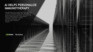 53
AI HELPS PERSONALIZE
IMMUNOTHERAPY
Immunotherapy has a success rate of only 40% and a
risk that it may attack healthy cells. Max Kelsen is
using sophisticated AI approaches with NVIDIA V100
GPUs to integrate genomic, transcriptomic
and patient information to identify
a classifier and develop a test
that can predict treatment
response.
 