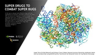 57
SUPER DRUGS TO
COMBAT SUPER BUGS
New Robot Arm from ARC
Image: One of Dr Matt Belousoff and Professor Trevor Lithgow ribosome structures illustrating complicated details
that can be determined using MASSIVE and the Titan Krios at the Ramaciotti Centre for Cryo Electron Microscopy.
In the race to design more effective drugs and new
treatments for diseases, Australian scientists are using
HPC and advanced imaging to visualize changes in
ribosomes that occur in response to antibiotics. With
MASSIVE’s M3 supercomputer powered by >160 NVIDIA
GPUs and 2 DGX-1V’s to accelerate data processing,
the team strives to identify new drugs that
are lethal to bacteria despite
structural changes in
ribosomes.
 