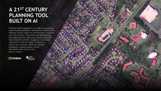 65
A 21ST CENTURY
PLANNING TOOL
BUILT ON AI
With the Earth's population at 7 billion and growing,
understanding population distribution is essential to
meeting societal needs for infrastructure, resources
and vital services. Using GPUs and deep learning,
Oak Ridge National Laboratory quickly processes
high-resolution satellite imagery to map human
settlements. With the ability to process a
major city in minutes, ORNL can provide
emergency response teams critical
information that used to take
days to create.
 