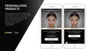 68
PERSONALIZING
PRODUCTS
Olay is arming consumers with knowledge to make
informed purchase decisions. Its Olay Skin Advisor—a
GPU-accelerated AI tool that works on any mobile
device—assesses a user-provided selfie and
advises how to improve trouble areas using
a daily regime of recommended Olay
products. After four weeks 94% of
Skin Advisor users continued
to use the products
it recommended.
 