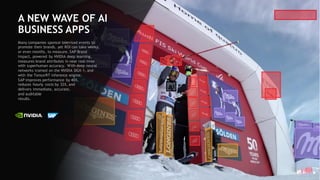 79
A NEW WAVE OF AI
BUSINESS APPS
Many companies sponsor televised events to
promote their brands, yet ROI can take weeks,
or even months, to measure. SAP Brand
Impact, powered by NVIDIA deep learning,
measures brand attributes in near real-time
with superhuman accuracy. With deep neural
networks trained on the NVIDIA DGX-1, and
with the TensorRT inference engine,
SAP improves performance by 40X,
reduces hourly costs by 32X, and
delivers immediate, accurate,
and auditable
results.
 