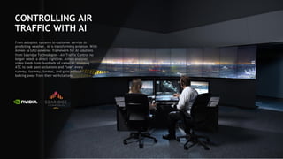 80
CONTROLLING AIR
TRAFFIC WITH AI
From autopilot systems to customer service to
predicting weather, AI is transforming aviation. With
Aimee—a GPU-powered framework for AI solutions
from Searidge Technologies—Air Traffic Control no
longer needs a direct sightline. Aimee analyzes
video feeds from hundreds of cameras, enabling
ATC to look past occlusions and “see” every
runway, taxiway, tarmac, and gate without
looking away from their workstations.
 