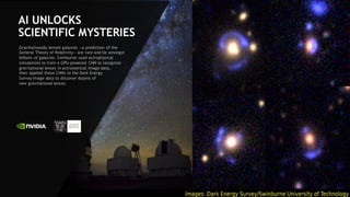 89
AI UNLOCKS
SCIENTIFIC MYSTERIES
Gravitationally lensed galaxies ―a prediction of the
General Theory of Relativity― are rare and lie amongst
billions of galaxies. Swinburne used astrophysical
simulations to train a GPU-powered CNN to recognize
gravitational lenses in astronomical image data,
then applied those CNNs to the Dark Energy
Survey image data to discover dozens of
new gravitational lenses.
 