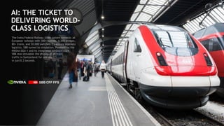 90
AI: THE TICKET TO
DELIVERING WORLD-
CLASS LOGISTICS
The Swiss Federal Railway (SBB) system connects all
European railways with 300+ tunnels, 6,000 bridges,
80+ trains, and 30,000 switches. To ensure seamless
logistics, SBB turned to simulation. Powered by the
NVIDIA DGX-1 and its integrated software stack,
SBB now simulates the physics of all train
traffic in Switzerland for one day
in just 0.3 seconds.
 