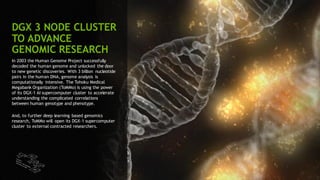 92
In 2003 the Human Genome Project successfully
decoded the human genome and unlocked the door
to new genetic discoveries. With 3 billion nucleotide
pairs in the human DNA, genome analysis is
computationally intensive. The Tohoku Medical
Megabank Organization (ToMMo) is using the power
of its DGX-1 AI supercomputer cluster to accelerate
understanding the complicated correlations
between human genotype and phenotype.
And, to further deep learning based genomics
research, ToMMo will open its DGX-1 supercomputer
cluster to external contracted researchers.
DGX 3 NODE CLUSTER
TO ADVANCE
GENOMIC RESEARCH
 