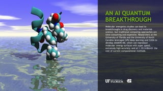 98
Molecular energetics studies can lead to
breakthroughs in drug discovery and materials
science, but traditional computing approaches are
time-consuming and expensive. Researchers at the
University of Florida and the University of North
Carolina leveraged GPU deep learning and CUDA to
develop ANAKIN-ME, which can reproduce
molecular energy surfaces with super speed,
extremely high accuracy, and at 1-10/millionth the
cost of current computational methods.
AN AI QUANTUM
BREAKTHROUGH
 