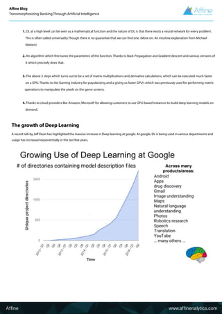 The growth of Deep Learning
A recent talk by Jeff Dean has highlighted the massive increase in Deep learning at google. At google, DL is being used in various departments and
usage has increased exponentially in the last few years.
1. DL at a high level can be seen as a mathematical function and the nature of DL is that there exists a neural network for every problem.
This is often called universality.Though there is no guarantee that we can find one. (More on: An intuitive explanation from Michael
Nielsen)
2. An algorithm which fine tunes the parameters of the function. Thanks to Back Propagation and Gradient descent and various versions of
it which precisely does that.
3. The above 2 steps which turns out to be a set of matrix multiplications and derivative calculations, which can be executed much faster
on a GPU. Thanks to the Gaming industry for popularizing and a giving us faster GPU’s which was previously used for performing matrix
operations to manipulate the pixels on the game screens.
4. Thanks to cloud providers like Amazon, Microsoft for allowing customers to use GPU-based instances to build deep learning models on
demand.
Affine www.affinenalytics.com
Affine Blog
Transmorphosizing Banking Through Artificial Intelligence
 