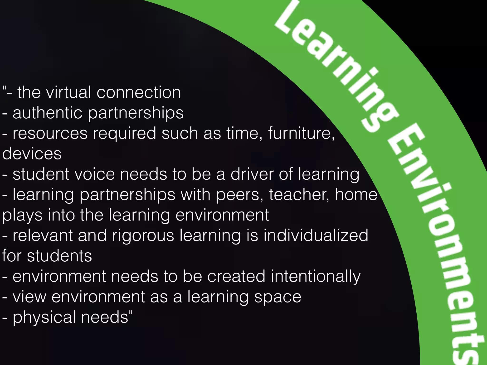 "- the virtual connection
- authentic partnerships
- resources required such as time, furniture,
devices
- student voice needs to be a driver of learning
- learning partnerships with peers, teacher, home
plays into the learning environment
- relevant and rigorous learning is individualized
for students
- environment needs to be created intentionally
- view environment as a learning space
- physical needs"
 