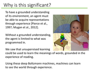 Why is this significant?
To have a grounded understanding
of its environment, an agent must
be able to acquire representations
through experience [Pierce et al.,
1997; Mugan et al., 2012].
Without a grounded understanding,
the agent is limited to what was
programmed in.
We saw that unsupervised learning
could be used to learn the meanings of words, grounded in the
experience of reading.
Using these deep Boltzmann machines, machines can learn
to see the world through experience.
 