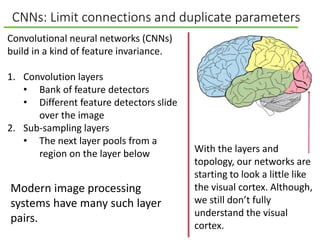 CNNs: Limit connections and duplicate parameters
Convolutional neural networks (CNNs)
build in a kind of feature invarianc...