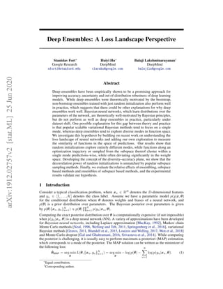 Deep Ensembles: A Loss Landscape Perspective
Stanislav Fort∗
Google Research
sfort1@stanford.edu
Huiyi Hu∗
DeepMind
clarahu@google.com
Balaji Lakshminarayanan†
DeepMind
balajiln@google.com
Abstract
Deep ensembles have been empirically shown to be a promising approach for
improving accuracy, uncertainty and out-of-distribution robustness of deep learning
models. While deep ensembles were theoretically motivated by the bootstrap,
non-bootstrap ensembles trained with just random initialization also perform well
in practice, which suggests that there could be other explanations for why deep
ensembles work well. Bayesian neural networks, which learn distributions over the
parameters of the network, are theoretically well-motivated by Bayesian principles,
but do not perform as well as deep ensembles in practice, particularly under
dataset shift. One possible explanation for this gap between theory and practice
is that popular scalable variational Bayesian methods tend to focus on a single
mode, whereas deep ensembles tend to explore diverse modes in function space.
We investigate this hypothesis by building on recent work on understanding the
loss landscape of neural networks and adding our own exploration to measure
the similarity of functions in the space of predictions. Our results show that
random initializations explore entirely different modes, while functions along an
optimization trajectory or sampled from the subspace thereof cluster within a
single mode predictions-wise, while often deviating signiﬁcantly in the weight
space. Developing the concept of the diversity–accuracy plane, we show that the
decorrelation power of random initializations is unmatched by popular subspace
sampling methods. Finally, we evaluate the relative effects of ensembling, subspace
based methods and ensembles of subspace based methods, and the experimental
results validate our hypothesis.
1 Introduction
Consider a typical classiﬁcation problem, where xn ∈ RD
denotes the D-dimensional features
and yn ∈ [1, . . . , K] denotes the class label. Assume we have a parametric model p(y|x, θ)
for the conditional distribution where θ denotes weights and biases of a neural network, and
p(θ) is a prior distribution over parameters. The Bayesian posterior over parameters is given
by p(θ|{xn, yn}N
n=1) ∝ p(θ)
N
n=1 p(yn|xn, θ).
Computing the exact posterior distribution over θ is computationally expensive (if not impossible)
when p(yn|xn, θ) is a deep neural network (NN). A variety of approximations have been developed
for Bayesian neural networks, including Laplace approximation [MacKay, 1992], Markov chain
Monte Carlo methods [Neal, 1996, Welling and Teh, 2011, Springenberg et al., 2016], variational
Bayesian methods [Graves, 2011, Blundell et al., 2015, Louizos and Welling, 2017, Wen et al., 2018]
and Monte-Carlo dropout [Gal and Ghahramani, 2016, Srivastava et al., 2014]. While computing
the posterior is challenging, it is usually easy to perform maximum-a-posteriori (MAP) estimation,
which corresponds to a mode of the posterior. The MAP solution can be written as the minimizer of
the following loss:
ˆθMAP = arg min
θ
L(θ, {xn, yn}N
n=1) = arg min
θ
− log p(θ) −
N
n=1
log p(yn|xn, θ). (1)
∗
Equal contribution.
†
Corresponding author.
arXiv:1912.02757v2[stat.ML]25Jun2020
 