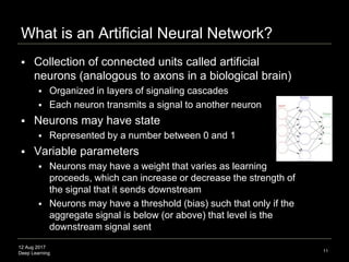 12 Aug 2017
Deep Learning
What is an Artificial Neural Network?
 Collection of connected units called artificial
neurons (analogous to axons in a biological brain)
 Organized in layers of signaling cascades
 Each neuron transmits a signal to another neuron
 Neurons may have state
 Represented by a number between 0 and 1
 Variable parameters
 Neurons may have a weight that varies as learning
proceeds, which can increase or decrease the strength of
the signal that it sends downstream
 Neurons may have a threshold (bias) such that only if the
aggregate signal is below (or above) that level is the
downstream signal sent
11
 
