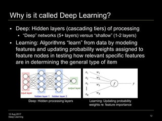 12 Aug 2017
Deep Learning
Why is it called Deep Learning?
 Deep: Hidden layers (cascading tiers) of processing
 “Deep” networks (3+ layers) versus “shallow” (1-2 layers)
 Learning: Algorithms “learn” from data by modeling
features and updating probability weights assigned to
feature nodes in testing how relevant specific features
are in determining the general type of item
12
Deep: Hidden processing layers Learning: Updating probability
weights re: feature importance
 