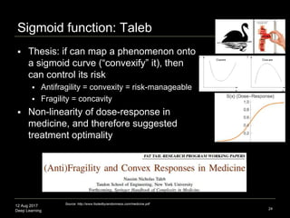 12 Aug 2017
Deep Learning
Sigmoid function: Taleb
24
Source: http://www.fooledbyrandomness.com/medicine.pdf
 Thesis: if can map a phenomenon onto
a sigmoid curve (“convexify” it), then
can control its risk
 Antifragility = convexity = risk-manageable
 Fragility = concavity
 Non-linearity of dose-response in
medicine, and therefore suggested
treatment optimality
 