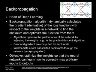 12 Aug 2017
Deep Learning
Backpropagation
 Heart of Deep Learning
 Backpropagation: algorithm dynamically calculates
the gradient (derivative) of the loss function with
respect to the weights in a network to find the
minimum and optimize the function from there
 Algorithms optimize the performance of the network by
adjusting the weights, e.g.; in the gradient descent algorithm
 Error and gradient are computed for each node
 Intermediate errors transmitted backwards through the
network (backpropagation)
 Objective: optimize the weights so that the neural
network can learn how to correctly map arbitrary
inputs to outputs
47
Source: http://briandolhansky.com/blog/2013/9/27/artificial-neural-networks-backpropagation-part-4,
https://mattmazur.com/2015/03/17/a-step-by-step-backpropagation-example/
 
