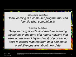 12 Aug 2017
Deep Learning 4
Conceptual Definition:
Deep learning is a computer program that can
identify what something is
Technical Definition:
Deep learning is a class of machine learning
algorithms in the form of a neural network that
uses a cascade of layers (tiers) of processing
units to extract features from data and make
predictive guesses about new data
Source: Extending Jann LeCun, http://spectrum.ieee.org/automaton/robotics/artificial-intelligence/facebook-ai-director-yann-lecun-
on-deep-learning
 