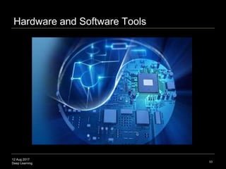 12 Aug 2017
Deep Learning
Convolutional net: Image Enhancement
 Google DeepDream: Convolutional neural network
enhances (potential) patterns in images; deliberately
over-processing images
53
Source: Georges Seurat, Un dimanche après-midi à l'Île de la Grande Jatte, 1884-1886;
http://web.cs.hacettepe.edu.tr/~aykut/classes/spring2016/bil722; Google DeepDream uses algorithmic pareidolia (seeing an image
when none is present) to create a dream-like hallucinogenic appearance
 