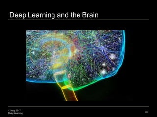 12 Aug 2017
Deep Learning
Deep Learning and Genomics
 Large classes of hypothesized but unknown correlations
 Genotype-phenotype disease linkage unknown
 Computer-identifiable patterns in genomic data
 CNN: genome symmetries; RNN: textual analysis
65
Source: http://ieeexplore.ieee.org/document/7347331
 