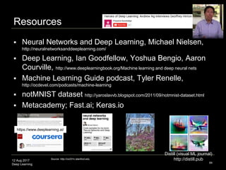 12 Aug 2017
Deep Learning
Deep Learning Theory
 System is “dumb” (i.e. mechanical)
 “Learns” with big data (lots of input examples) and trial-and-error
guesses to adjust weights and bias to establish key features
 Creates a predictive system to identity new examples
 Same AI argument: big enough data is what makes a
difference (“simple” algorithms run over large data sets)
84
Input: Big Data (e.g.;
many examples)
Method: Trial-and-error
guesses to adjust node weights
Output: system identifies
new examples
 