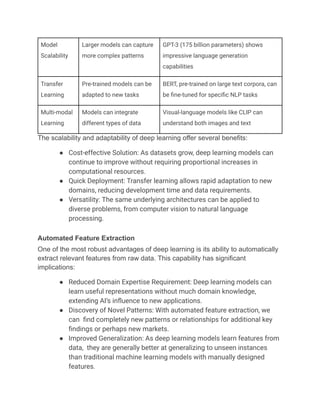 Model
Scalability
Larger models can capture
more complex patterns
GPT-3 (175 billion parameters) shows
impressive language generation
capabilities
Transfer
Learning
Pre-trained models can be
adapted to new tasks
BERT, pre-trained on large text corpora, can
be fine-tuned for specific NLP tasks
Multi-modal
Learning
Models can integrate
different types of data
Visual-language models like CLIP can
understand both images and text
The scalability and adaptability of deep learning offer several benefits:
●​ Cost-effective Solution: As datasets grow, deep learning models can
continue to improve without requiring proportional increases in
computational resources.
●​ Quick Deployment: Transfer learning allows rapid adaptation to new
domains, reducing development time and data requirements.
●​ Versatility: The same underlying architectures can be applied to
diverse problems, from computer vision to natural language
processing.
Automated Feature Extraction
One of the most robust advantages of deep learning is its ability to automatically
extract relevant features from raw data. This capability has significant
implications:
●​ Reduced Domain Expertise Requirement: Deep learning models can
learn useful representations without much domain knowledge,
extending AI’s influence to new applications.
●​ Discovery of Novel Patterns: With automated feature extraction, we
can find completely new patterns or relationships for additional key
findings or perhaps new markets.
●​ Improved Generalization: As deep learning models learn features from
data, they are generally better at generalizing to unseen instances
than traditional machine learning models with manually designed
features.
 
