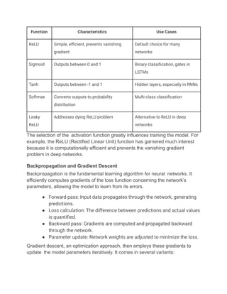 Function Characteristics Use Cases
ReLU Simple, efficient, prevents vanishing
gradient
Default choice for many
networks
Sigmoid Outputs between 0 and 1 Binary classification, gates in
LSTMs
Tanh Outputs between -1 and 1 Hidden layers, especially in RNNs
Softmax Converts outputs to probability
distribution
Multi-class classification
Leaky
ReLU
Addresses dying ReLU problem Alternative to ReLU in deep
networks
The selection of the activation function greatly influences training the model. For
example, the ReLU (Rectified Linear Unit) function has garnered much interest
because it is computationally efficient and prevents the vanishing gradient
problem in deep networks.
Backpropagation and Gradient Descent
Backpropagation is the fundamental learning algorithm for neural networks. It
efficiently computes gradients of the loss function concerning the network’s
parameters, allowing the model to learn from its errors.
●​ Forward pass: Input data propagates through the network, generating
predictions.
●​ Loss calculation: The difference between predictions and actual values
is quantified.
●​ Backward pass: Gradients are computed and propagated backward
through the network.
●​ Parameter update: Network weights are adjusted to minimize the loss.
Gradient descent, an optimization approach, then employs these gradients to
update the model parameters iteratively. It comes in several variants:
 