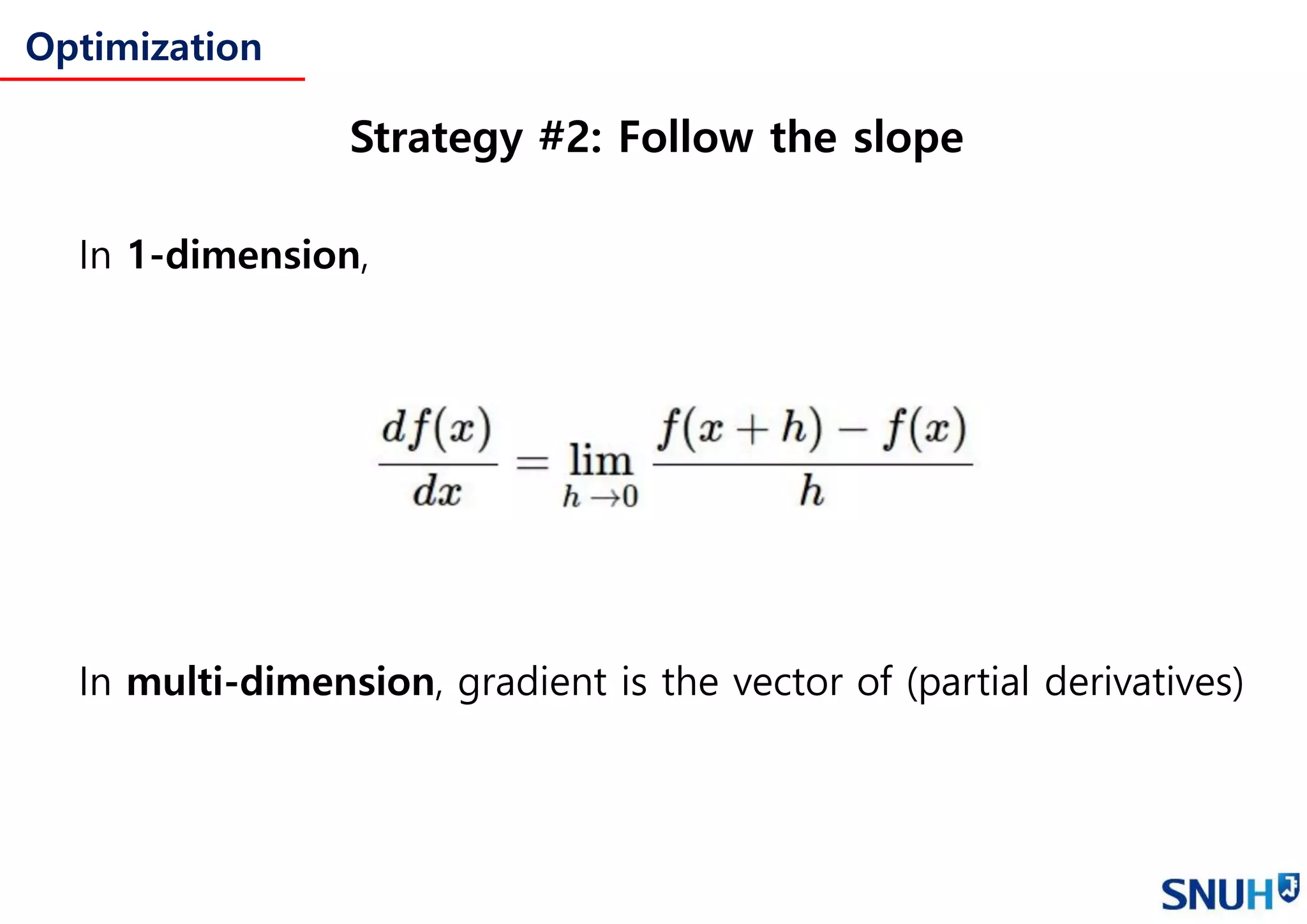 Optimization
Strategy #2: Follow the slope
In 1-dimension,
In multi-dimension, gradient is the vector of (partial derivatives)
 