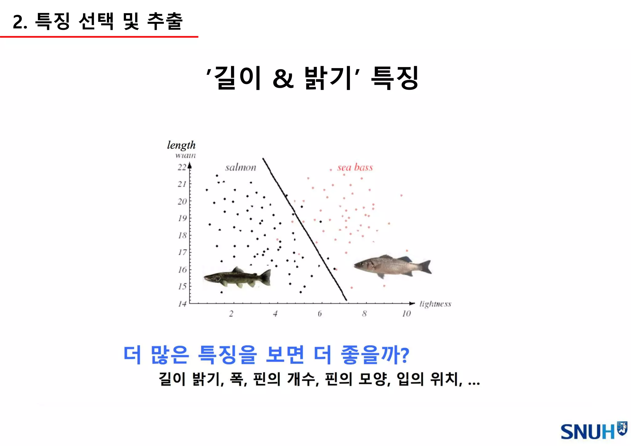 56
2. 특징 선택 및 추출
’길이 & 밝기’ 특징
 