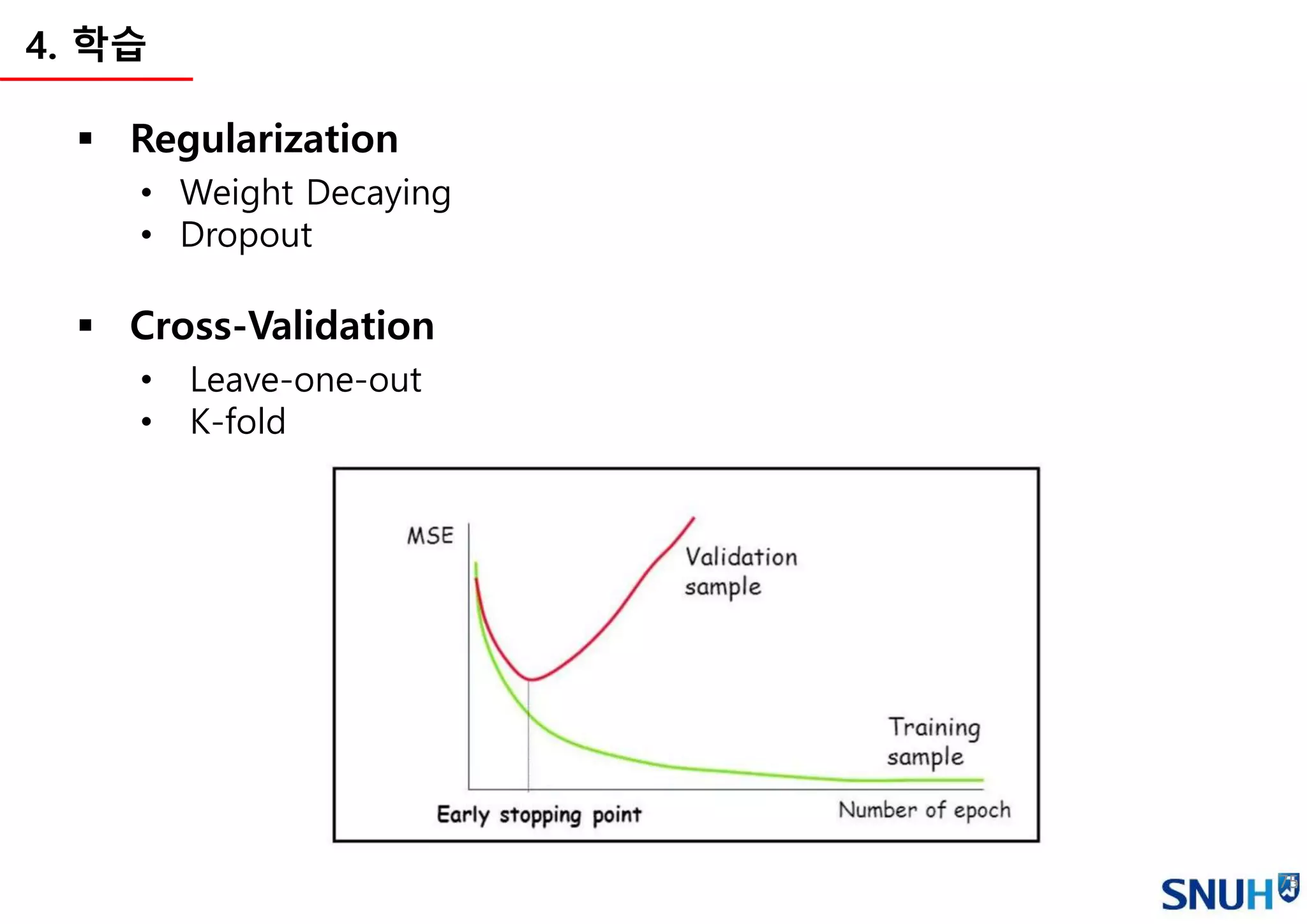 75
4. 학습
 Regularization
• Weight Decaying
• Dropout
 Cross-Validation
• Leave-one-out
• K-fold
 
