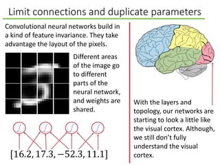 Limit connections and duplicate parameters
Convolutional neural networks build in
a kind of feature invariance. They take
advantage the layout of the pixels.
[16.2, 17.3, −52.3, 11.1]
With the layers and
topology, our networks are
starting to look a little like
the visual cortex. Although,
we still don’t fully
understand the visual
cortex.
Different areas
of the image go
to different
parts of the
neural network,
and weights are
shared.
 