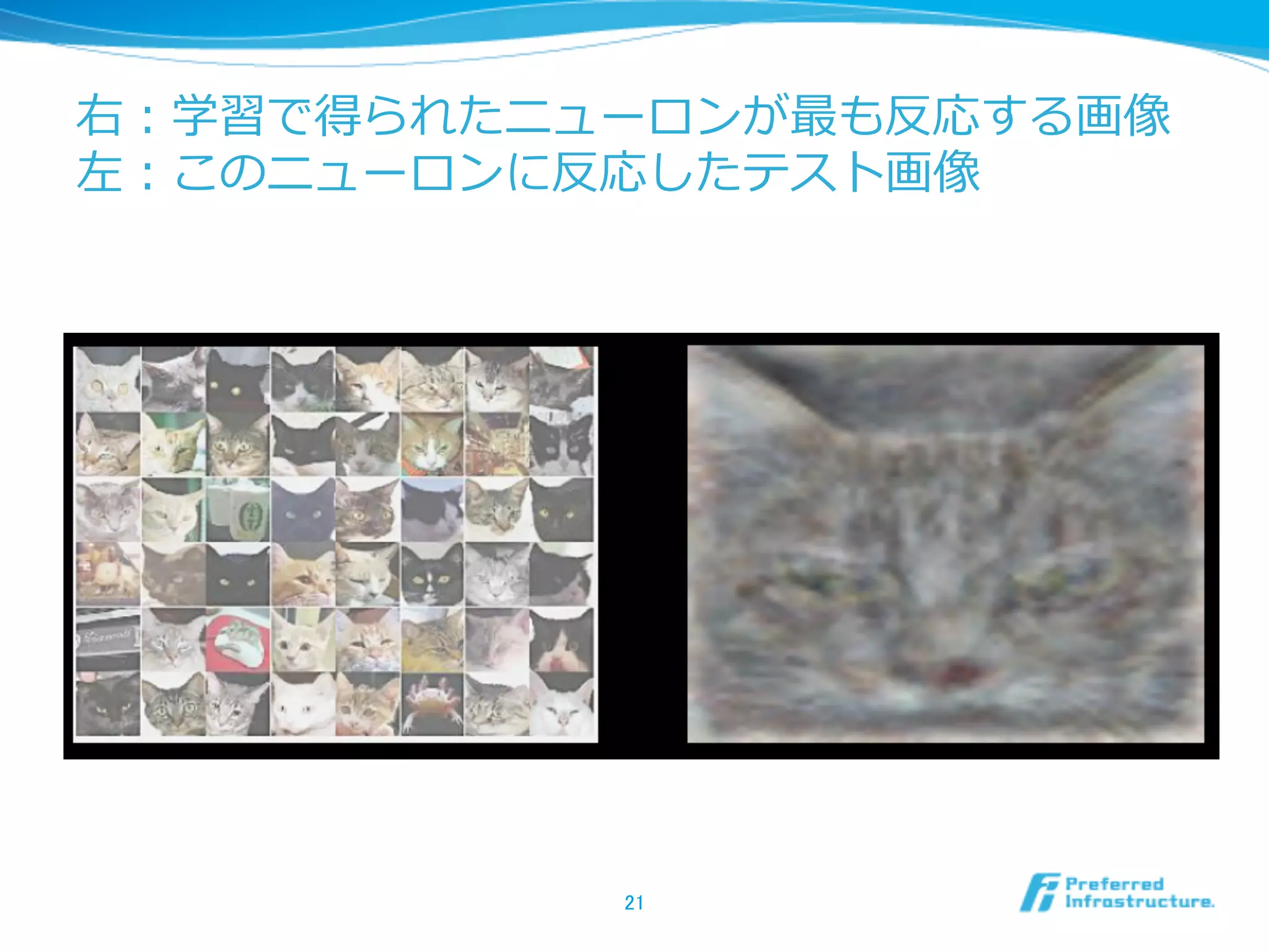 右：学習で得られたニューロンが最も反応する画像
左：このニューロンに反応したテスト画像
21	
 