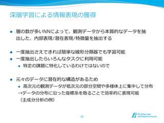 深層学習による情報表現の獲得
l  層の数が多いNNによって、観測データから本質的なデータを抽
出した、内部表現/潜在表現/特徴量量を抽出する
l  ⼀一度度抽出さえできれば簡単な線形分類器でも学習可能
l  ⼀一度度抽出したらいろんなタスクに利利⽤用可能
l  特定の課題に特化しているわけではないので
l  元々のデータに潜在的な構造があるため
l  ⾼高次元の観測データが低次元の部分空間や多様体上に集中して分布
→データの分布に沿った座標系を取ることで効率率率的に表現可能
（主成分分析の例例）
23	
 