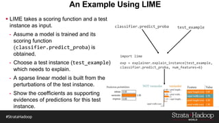 An Example Using LIME
 LIME takes a scoring function and a test
instance as input.
- Assume a model is trained and its
scoring function
(classifier.predict_proba) is
obtained.
- Choose a test instance (test_example)
which needs to explain.
- A sparse linear model is built from the
perturbations of the test instance.
- Show the coefficients as supporting
evidences of predictions for this test
instance.
 