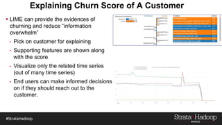 Explaining Churn Score of A Customer
 LIME can provide the evidences of
churning and reduce “information
overwhelm”
- Pick on customer for explaining
- Supporting features are shown along
with the score
- Visualize only the related time series
(out of many time series)
- End users can make informed decisions
on if they should reach out to the
customer.
 
