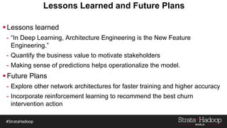 Lessons Learned and Future Plans
Lessons learned
- “In Deep Learning, Architecture Engineering is the New Feature
Engineering.”
- Quantify the business value to motivate stakeholders
- Making sense of predictions helps operationalize the model.
Future Plans
- Explore other network architectures for faster training and higher accuracy
- Incorporate reinforcement learning to recommend the best churn
intervention action
 
