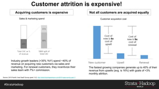 Customer attrition is expensive!
Industry growth leaders (>35% YoY) spend ~40% of
revenue on acquiring new customers via sales and
marketing. For renewal customers, they incentivize their
sales team with 7%+ commission.
The fastest growing companies generate up to 40% of their
revenue from upsells (avg. is 16%) with goals of <3%
monthly attrition.
Not all customers are acquired equallyAcquiring customers is expensive
Sales & marketing spend Customer acquisition cost
Source: 2015 Pacific Crest SaaS Survey (parts 1+2): http://www.forentrepreneurs.com/2015-saas-survey-part-1/
 