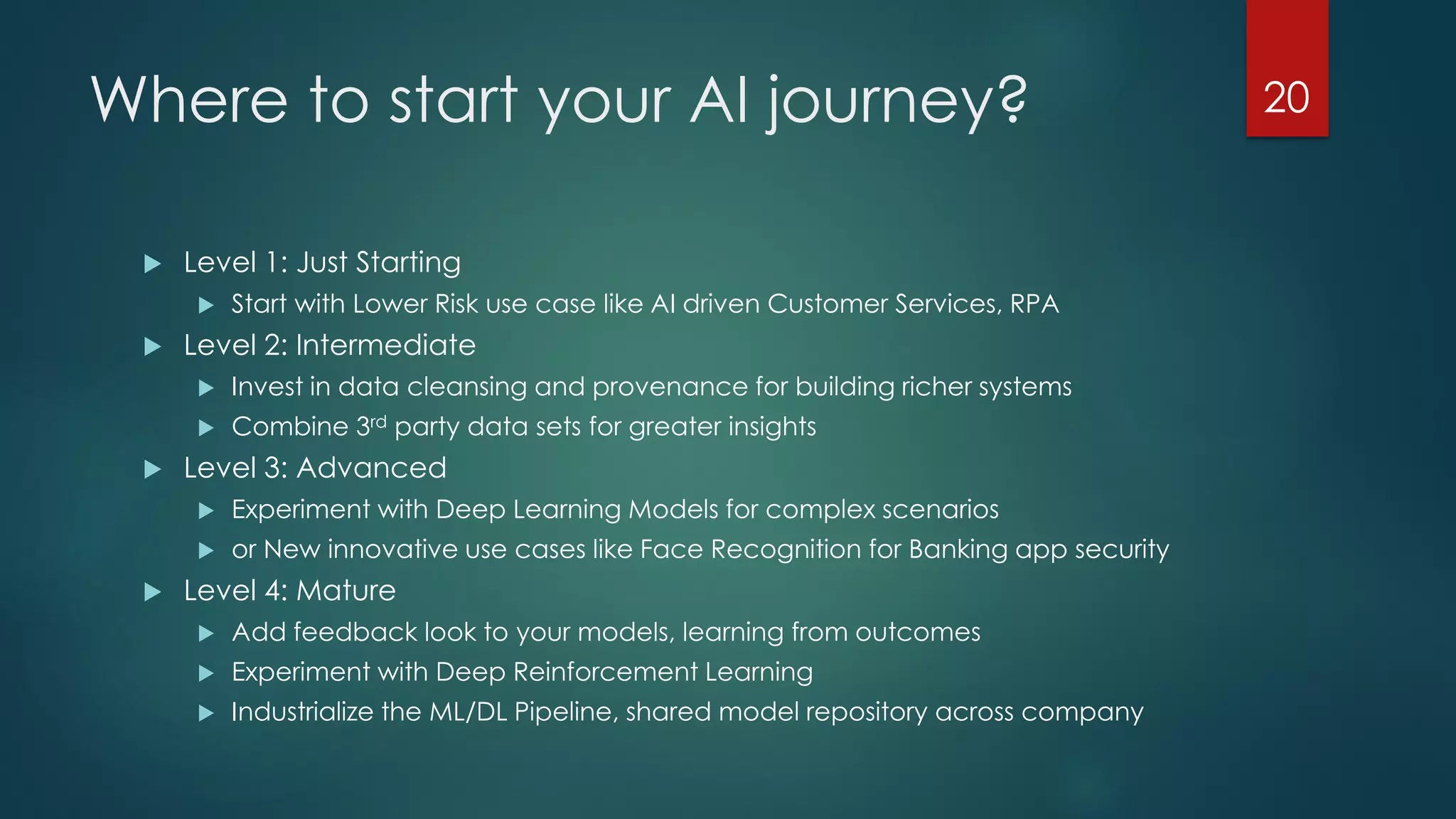 Where to start your AI journey?
 Level 1: Just Starting
 Start with Lower Risk use case like AI driven Customer Services, RPA
 Level 2: Intermediate
 Invest in data cleansing and provenance for building richer systems
 Combine 3rd party data sets for greater insights
 Level 3: Advanced
 Experiment with Deep Learning Models for complex scenarios
 or New innovative use cases like Face Recognition for Banking app security
 Level 4: Mature
 Add feedback look to your models, learning from outcomes
 Experiment with Deep Reinforcement Learning
 Industrialize the ML/DL Pipeline, shared model repository across company
20
 