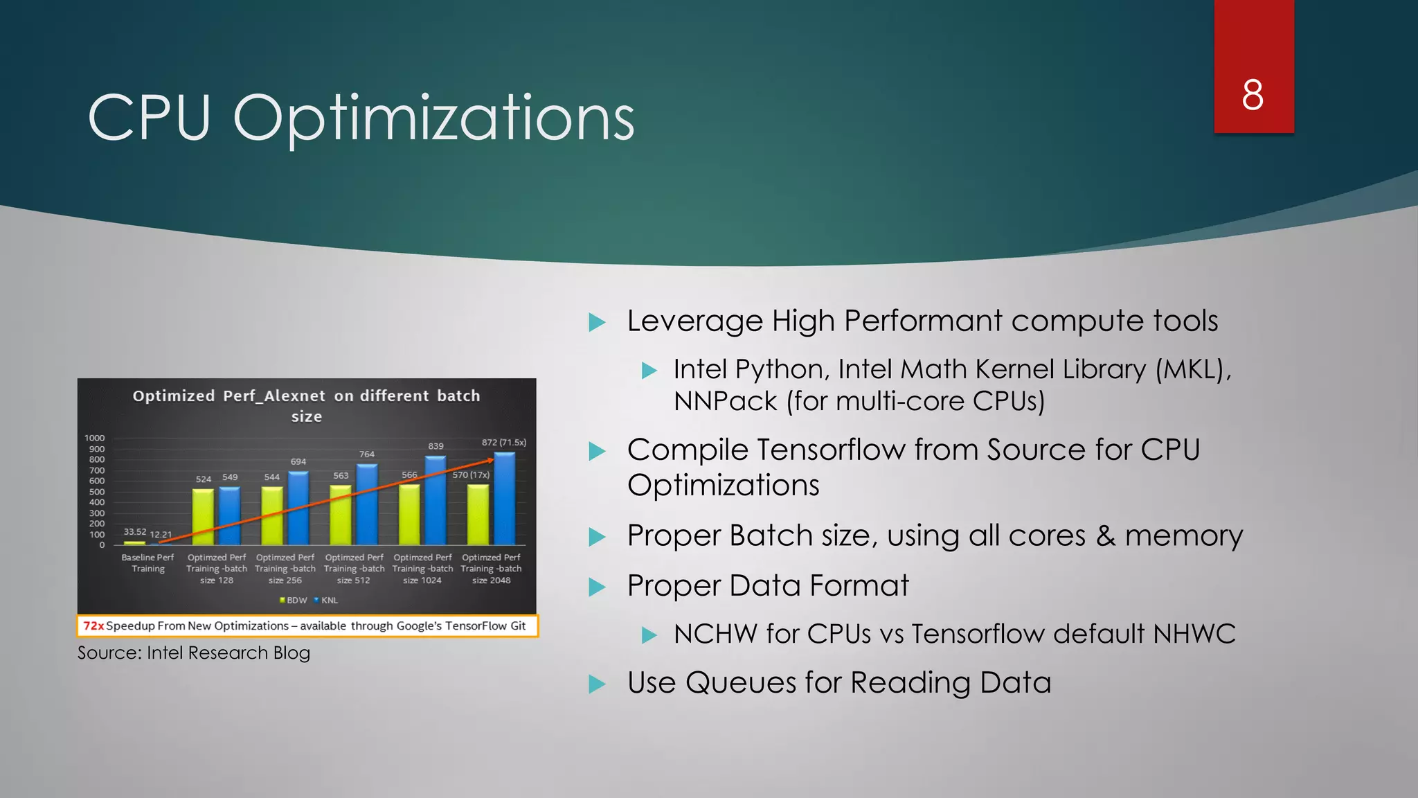 CPU Optimizations
 Leverage High Performant compute tools
 Intel Python, Intel Math Kernel Library (MKL),
NNPack (for multi-core CPUs)
 Compile Tensorflow from Source for CPU
Optimizations
 Proper Batch size, using all cores & memory
 Proper Data Format
 NCHW for CPUs vs Tensorflow default NHWC
 Use Queues for Reading Data
Source: Intel Research Blog
8
 