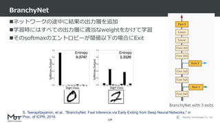 Mobility Technologies Co., Ltd.
ネットワークの途中に結果の出力層を追加
学習時にはすべての出力層に適当なweightをかけて学習
そのsoftmaxのエントロピーが閾値以下の場合にExit
BranchyNet
129
S. Teerapittayanon, et al., "BranchyNet: Fast Inference via Early Exiting from Deep Neural Networks," in
Proc. of ICPR, 2016.
 