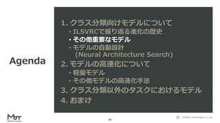 Mobility Technologies Co., Ltd.
49
1. クラス分類向けモデルについて
• ILSVRCで振り返る進化の歴史
• その他重要なモデル
• モデルの自動設計
(Neural Architecture Search)
2. モデルの高速化について
• 軽量モデル
• その他モデルの高速化手法
3. クラス分類以外のタスクにおけるモデル
4. おまけ
Agenda
 