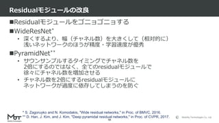 Mobility Technologies Co., Ltd.
Residualモジュールをゴニョゴニョする
WideResNet*
• 深くするより、幅（チャネル数）を大きくして（相対的に）
浅いネットワークのほうが精度・学習速度が優秀
PyramidNet**
• サウンサンプルするタイミングでチャネル数を
2倍にするのではなく、全てのresidualモジュールで
徐々にチャネル数を増加させる
• チャネル数を2倍にするresidualモジュールに
ネットワークが過度に依存してしまうのを防ぐ
Residualモジュールの改良
50
* S. Zagoruyko and N. Komodakis, "Wide residual networks," in Proc. of BMVC, 2016.
** D. Han, J. Kim, and J. Kim, "Deep pyramidal residual networks," in Proc. of CVPR, 2017.
 